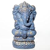 Ganesha Stein Figur ca. 38 cm Massiv Hindu Gottheit Figur Statue Elefant-Kopf Lavasand blau-Gold