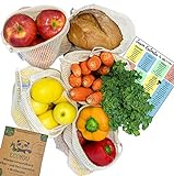 EcoYou Wiederverwendbare Obst- & Gemüsebeutel aus Bio Baumwolle 5er Set Inkl. Brotbeutel & SAISONKALENDER - Nachhaltige Einkaufsnetze Obst- & Gemüsenetze mit Gewichtsangabe