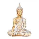 dszapaci Buddha Statue Gold 30cm Dekofigur sitzend mit weißem Muster Buddha Deko Figur klein
