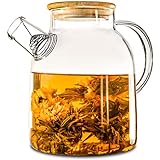 Cosumy Teekanne Glas 1,5 Liter mit Deckel aus Bambus - Filter im Auslauf - Fr heie und kalte Getrnke - Splmaschinenfest, Transparent